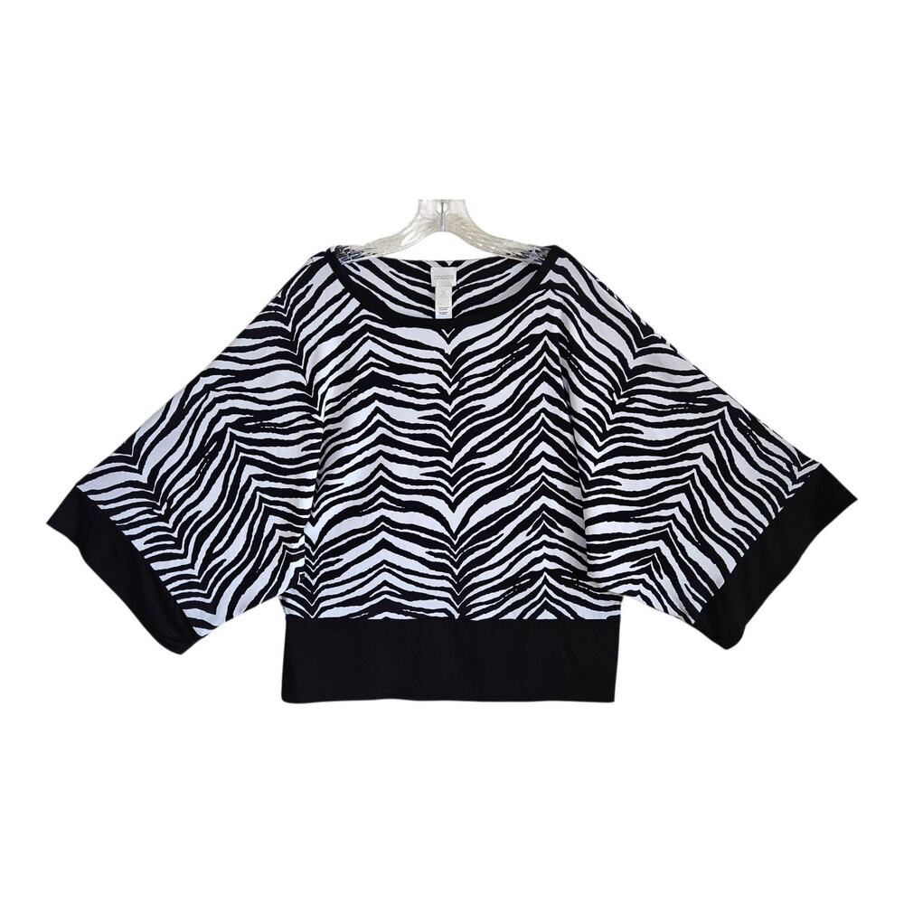CHICO'S 2 Women's L Blouse Black White Zebra Print 3/4 Wide Sleeve Jersey 42"